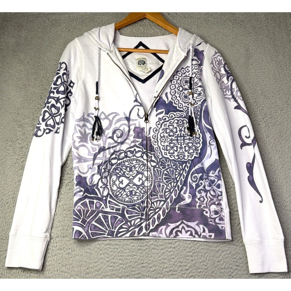VTG Y2K Lucky Brand Hoodie Womens Small Floral White Purple Full Zip Hoodie
